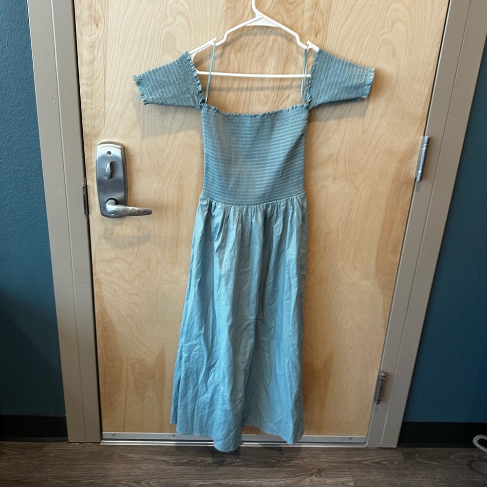 Reformation light blue/teal midi dress with stretchy bust/off shoulder sleeves